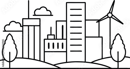 Line Art Illustration of Cityscape with Wind Turbine, Trees, and Clouds on White