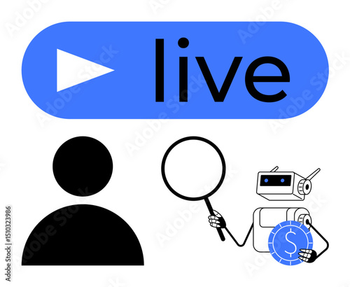 Human silhouette and robot with magnifier and coin beside live button symbolizing collaboration, technology, streaming, and financial insights. Ideal for AI, digital marketing, fintech, search