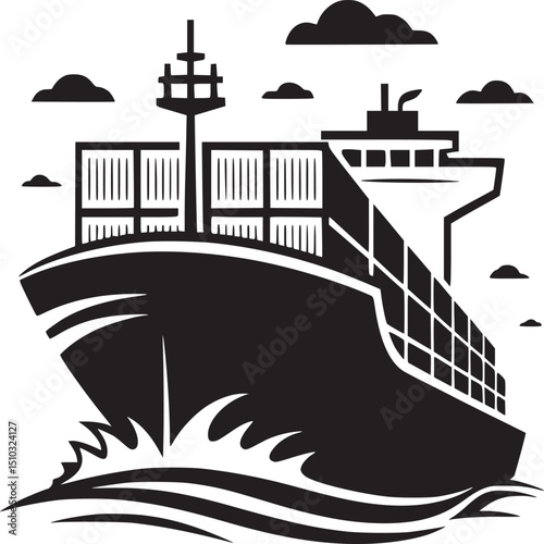 Graphic illustration of a container ship sailing on the water with clouds