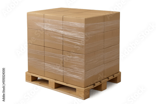 Cardboard boxes wrapped in plastic on wooden pallet with transparent background