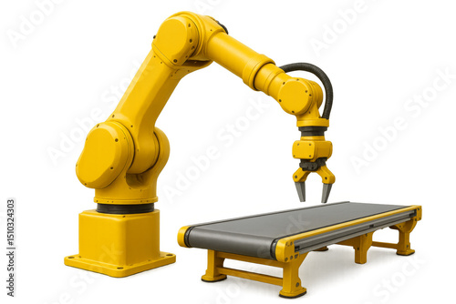 Yellow robotic arm picking up product from conveyor belt on transparent background