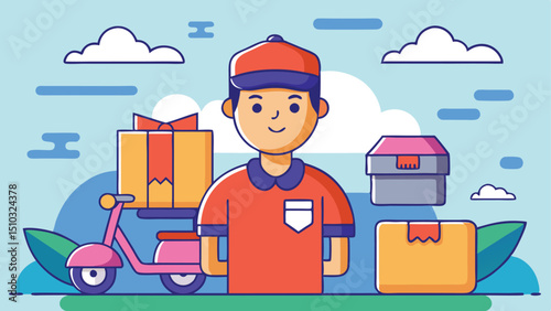 Cartoon Delivery Boy with Pink Scooter Surrounded by Packages on a Sunny Sky Background