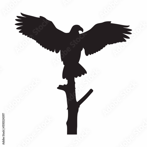 Silhouette of an eagle perched atop a branch with its wings fully spread in a majestic display of power