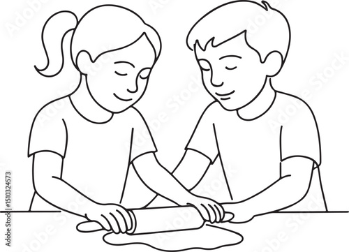 Boy and Girl Cooking Together Minimal Line Art