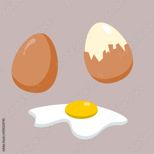 Cracked egg with yolk cute illustration. Chicken egg collection. Raw, boiled, cracked. Flat vector illustration