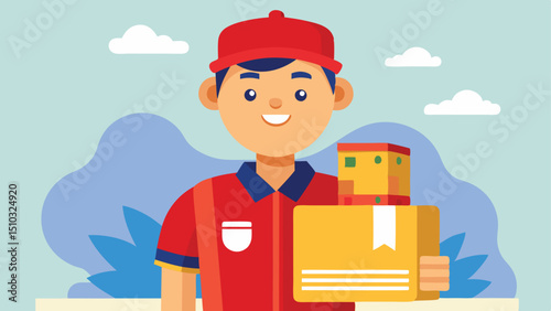 Cartoon Delivery Boy with Red Cap Holding Yellow Parcel Boxes on a Light Background