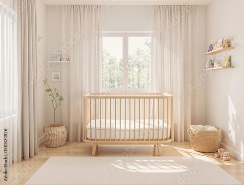 A wooden crib with a white mattress and a white curtain