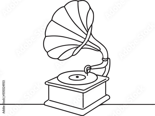 Continuous Line Art of Retro Gramophone with Vinyl Disc