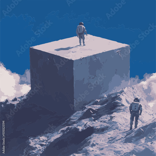 Astronauts Exploring a Cube-Shaped Planet A Surreal Space Exploration