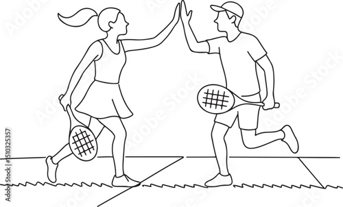 Couple Playing Tennis Giving High Five Line Drawing