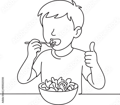 Boy Giving Thumbs Up While Eating Salad Line Art