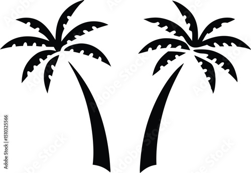 Two Isolated Black Silhouettes of Palm Trees on Islands Against a White Background