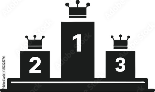 Black and White Illustration of a ThreeTiered Podium with Crowns for First, Second, and Third Place