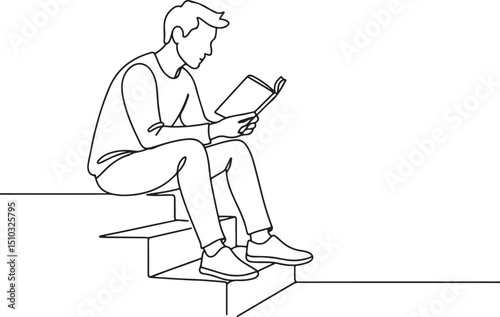 Young Man Reading on Stairs One Line Drawing