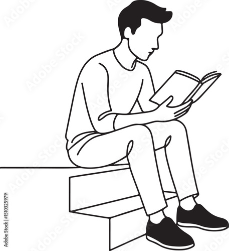 Man Reading Book Relaxed on Staircase Line Illustration