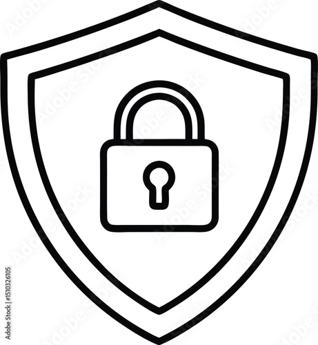 Black and White Shield Outline with Central Padlock Symbol Illustration
