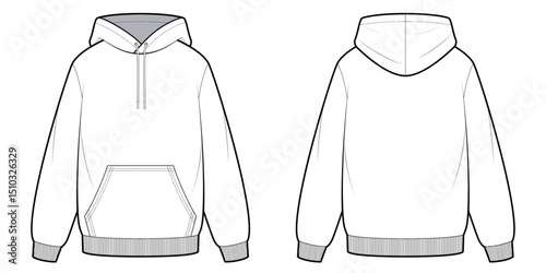 Pullover Hoodie Jacket- Flat Technical Drawing -Front and Back View- Cad/ Vector Illustration 