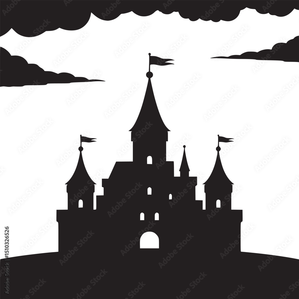 Obraz premium Silhouette of a castle with flags and clouds against a white sky view