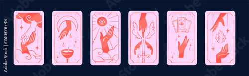 Set of tarot back designs with pink colour. Fortune telling by esoteric cards with hands, crystals, magic arcanas- swords, cups, pentacles. Divination by astrology, zodiacs. Flat vector illustrations