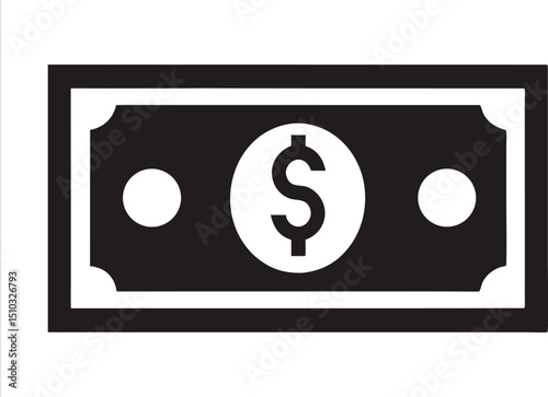 Illustration of a Black and White Dollar Bill Icon with Dollar Sign Centered