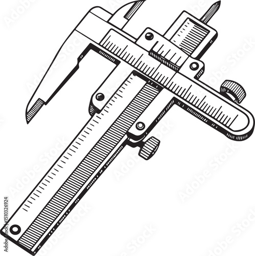 Caliper Hand Tool, Workshop and Craftsman, Vector Illustration, Sketch Drawing Line Linear Symbol Icon Engraving Coloring Book, Hand-drawn Black and White Isolated