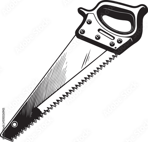 Hand saw Hand Tool, Workshop and Craftsman, Vector Illustration, Sketch Drawing Line Linear Symbol Icon Engraving Coloring Book, Hand-drawn Black and White Isolated
