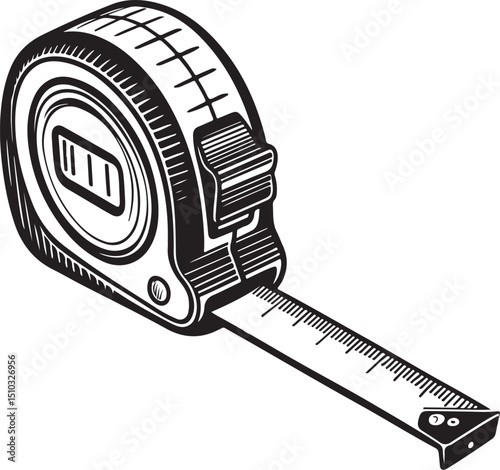 Measuring tape Hand Tool, Workshop and Craftsman, Vector Illustration, Sketch Drawing Line Linear Symbol Icon Engraving Coloring Book, Hand-drawn Black and White Isolated