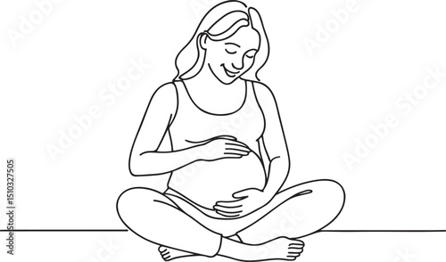 Happy Pregnant Lady Sitting at Home Line Art
