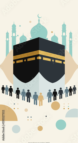 A depiction of the Kaaba in Mecca, a central element of the Hajj pilgrimage, surrounded by the Great Mosque, symbolizing the most sacred site in Islam.