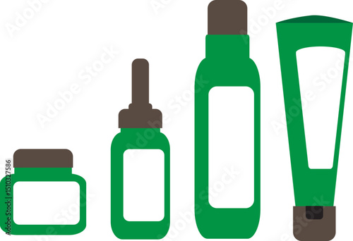 set of green bottles of skin care
