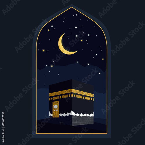 The Kaaba in the center of the Masjid al-Haram surrounded by pilgrims. The clear skies and the iconic structure are highlighted in this Islamic sacred site.