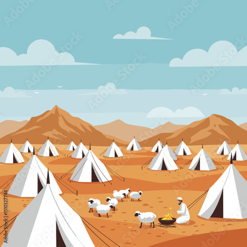 A desert scene with numerous white tents set up, probably for Hajj. The landscape features mountains in the distance, and a few sheep are grazing.