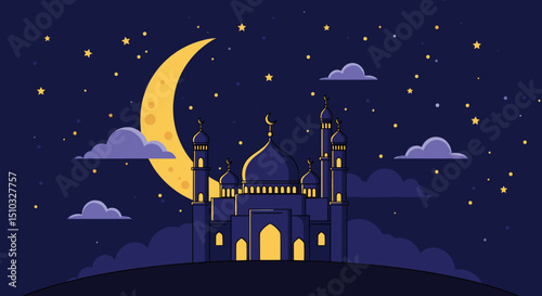 A beautifully designed illustration showing a crescent moon, stars, and hanging lanterns, all against a dark blue night sky with a mosque silhouette in the background.
