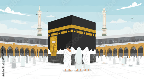 The Kaaba in the center of the Masjid al-Haram surrounded by pilgrims. The clear skies and the iconic structure are highlighted in this Islamic sacred site.