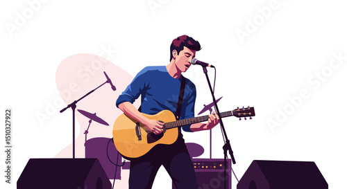 Musician singing passionately with guitar on stage