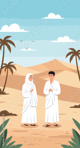 Two people, a man and a woman, are walking side by side in the desert, wearing traditional white Hajj clothing. They appear to be walking toward a sacred destination.
