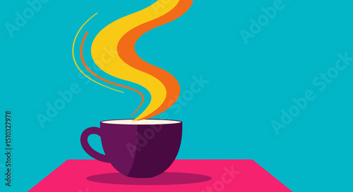 Colorful coffee cup with steam on bright background