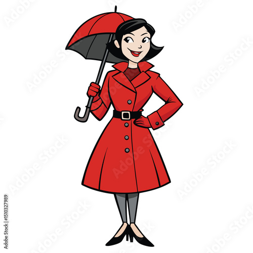 Stylish woman in red trench coat and high heels posing fashionable city look