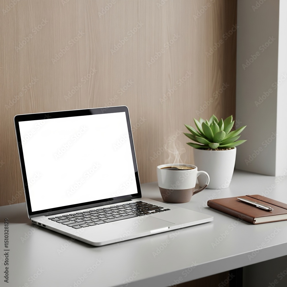 Fototapeta premium Gen AI Modern workplace without people work desk at home ﻿﻿Laptop ﻿﻿Cup of coffee or tea ﻿﻿Notepad, pen ﻿﻿Small plant
