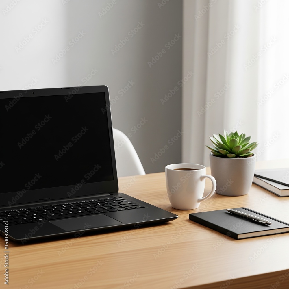 Fototapeta premium Gen AI Modern workplace without people work desk at home ﻿﻿Laptop ﻿﻿Cup of coffee or tea ﻿﻿Notepad, pen ﻿﻿Small plant