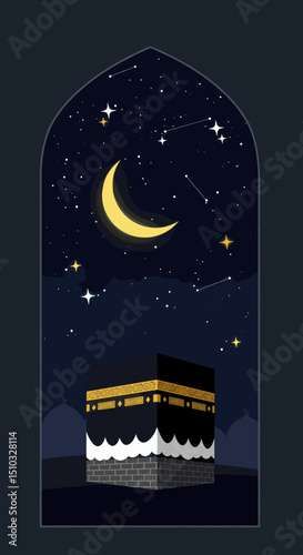 A beautifully designed illustration showing a crescent moon, stars, and hanging lanterns, all against a dark blue night sky with a mosque silhouette in the background.