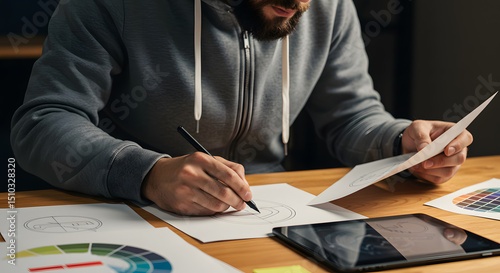 Designer Man Working on Creative Sketches in Modern Studio with Color Palette and Digital Tablet
