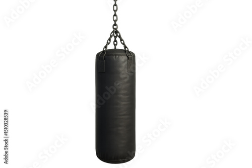 Black punching bag hanging on metal chain on transparent background