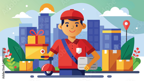 Cartoon Delivery Boy on Scooter with Packages and Cityscape Illustration Art