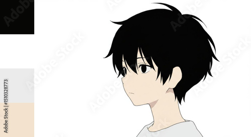 Anime Boy Profile View Simple Black Hair, Minimalist Style Illustration