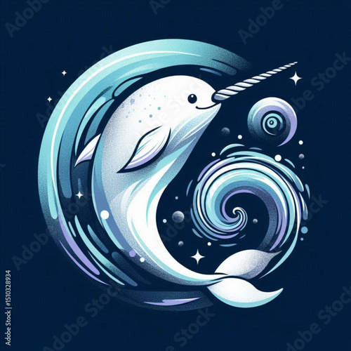 Narwhal illustration with a whimsical design, ocean theme, in blue and white colors