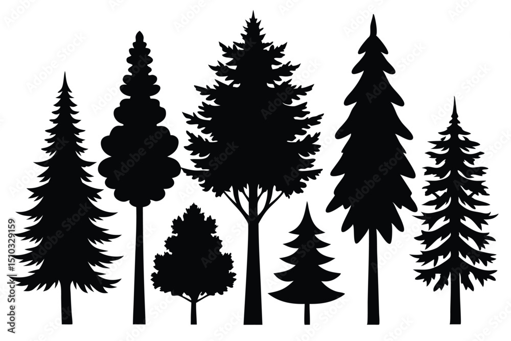 Fototapeta premium Collection of silhouettes various evergreen and deciduous trees
