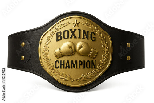 Boxing championship belt celebrating victory with golden gloves and laurel wreath on transparent background