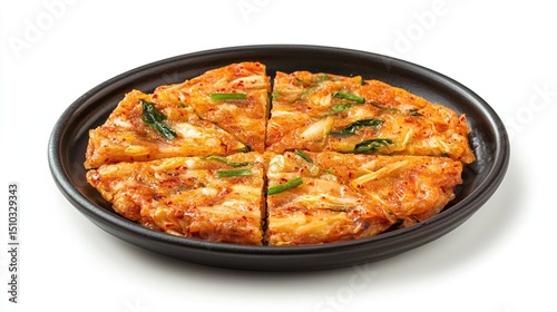 Korean kimchi pancake, sliced, on dark plate