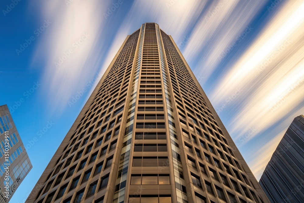 Obraz premium Skyscraper Reaching Towards the Sky with Dynamic Cloud Movement in Urban Landscape